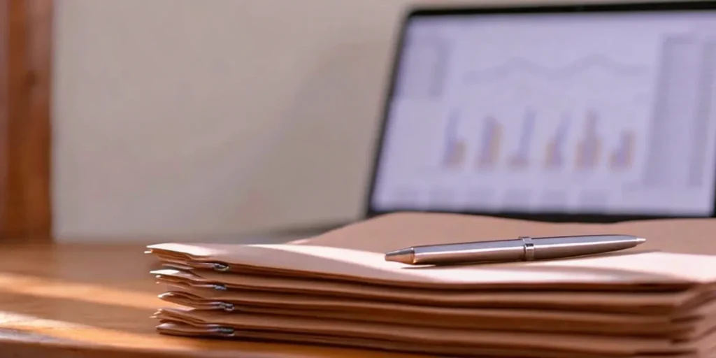 Manufacturing compliance documents, pen, and laptop with charts.