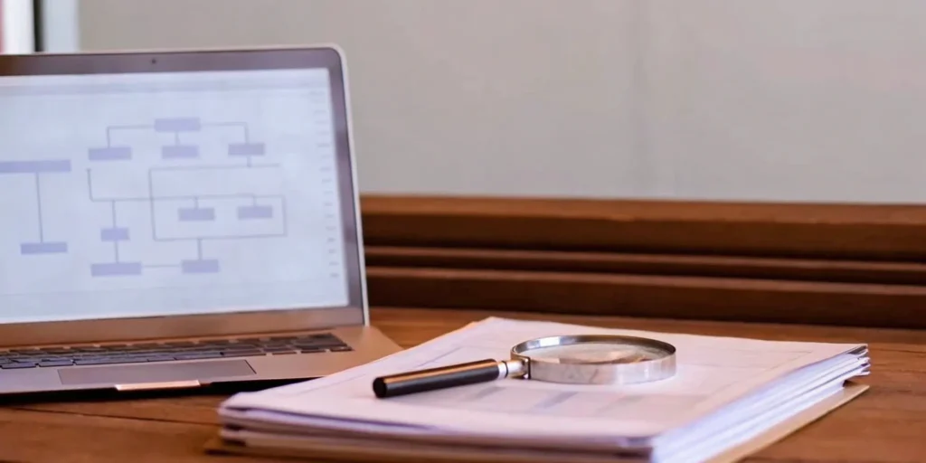 510(k) submission support: Laptop, documents, and magnifying glass.