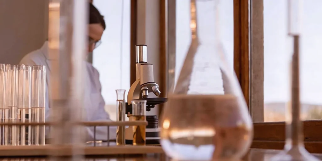 Microscope and test tubes in a lab.