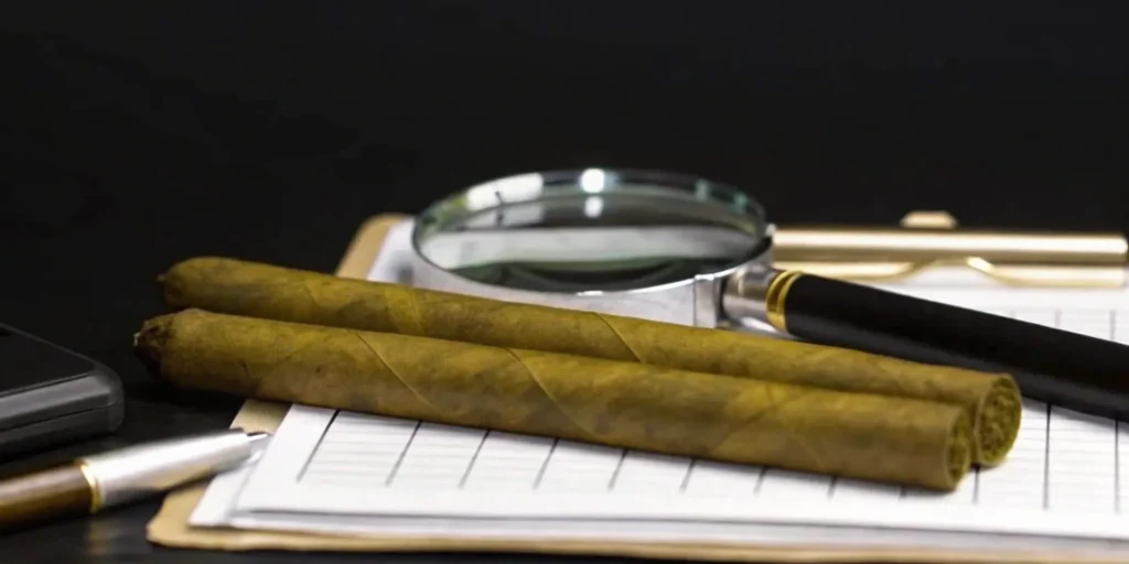 PMTA application: clipboard, pen, and cigars.