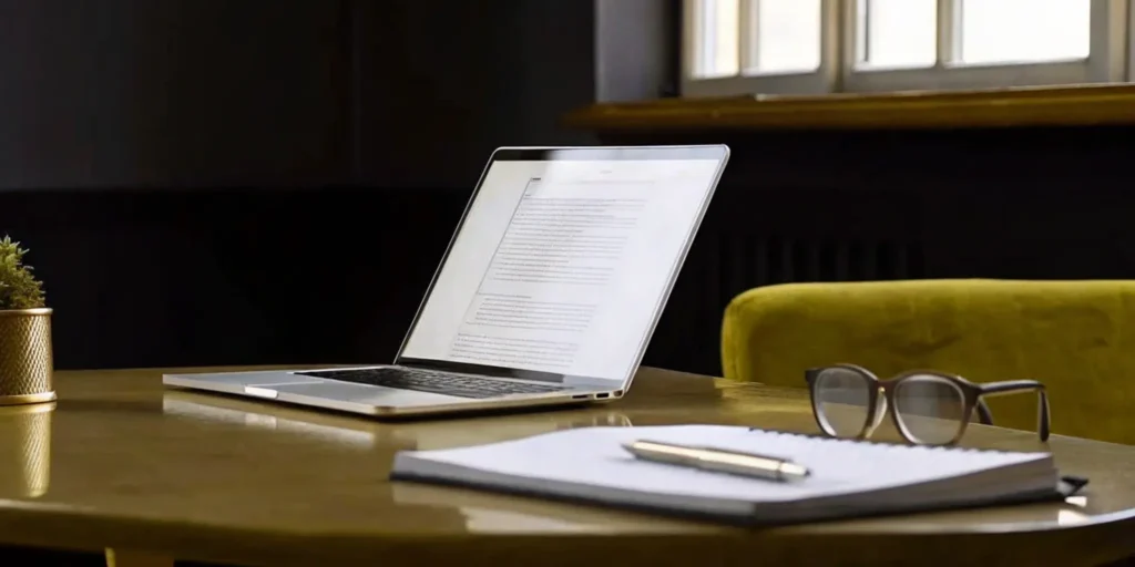 PMTA expert consultant workspace with laptop, notebook, and pen.
