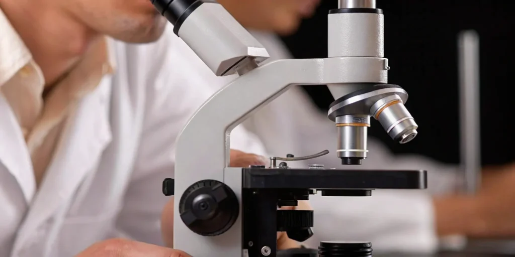 Pharmaceutical testing consultant analyzing sample in a lab.