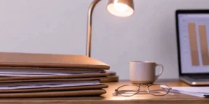 Regulatory approval consulting tools: Documents, laptop, and coffee.