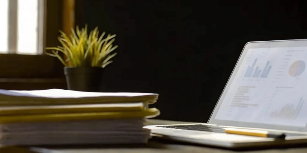 Regulatory documentation services tools: laptop, charts, and documents.