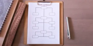 QMS flowchart on clipboard with pen and ruler.