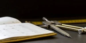 Caliper and compass on an engineering notebook for FMEA risk management.