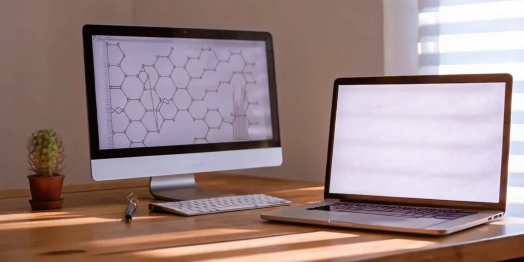 A dual monitor desk setup for an online pharmacovigilance training course.