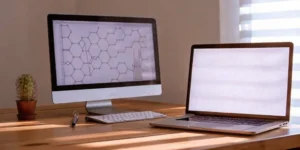 A dual monitor desk setup for an online pharmacovigilance training course.