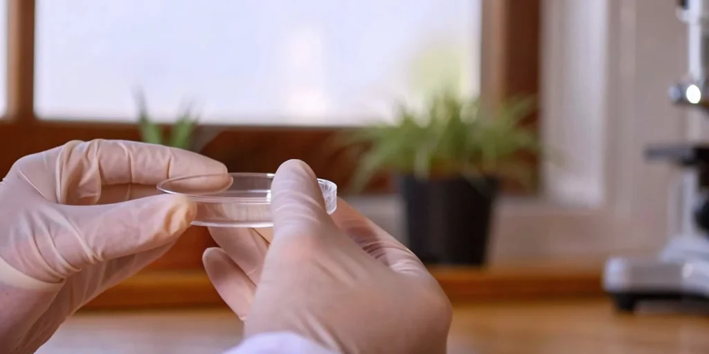 Gloved hands holding a petri dish for ISO 10993 biocompatibility testing.