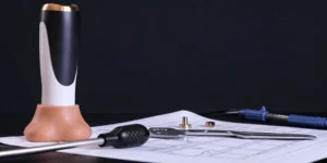 A breakthrough medical device prototype on technical drawings for the FDA program.