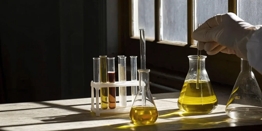 Gloved hand holding a beaker of yellow liquid for a chemistry, manufacturing, and controls (CMC) process.