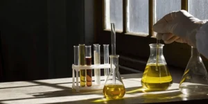 Gloved hand holding a beaker of yellow liquid for a chemistry, manufacturing, and controls (CMC) process.