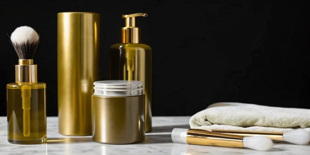 Cosmetics, brushes, and towels on a marble vanity.