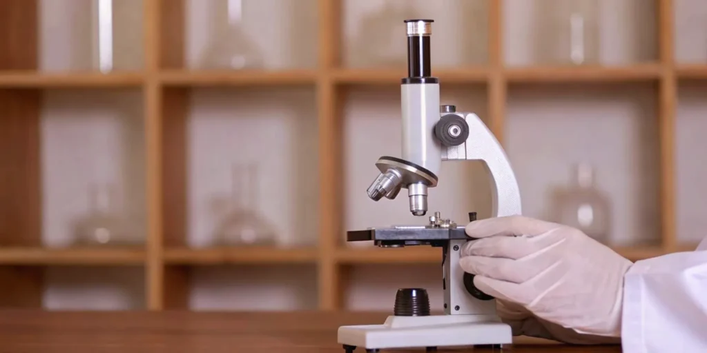 Scientist with microscope conducting a quality check during GMP compliance training.
