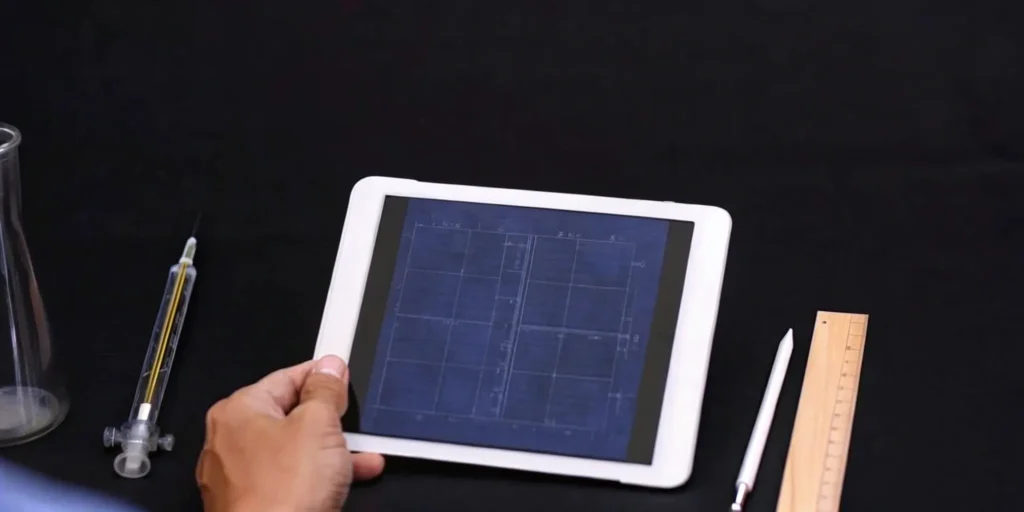 Developing a HACCP plan on a tablet with tools for analysis and documentation nearby.