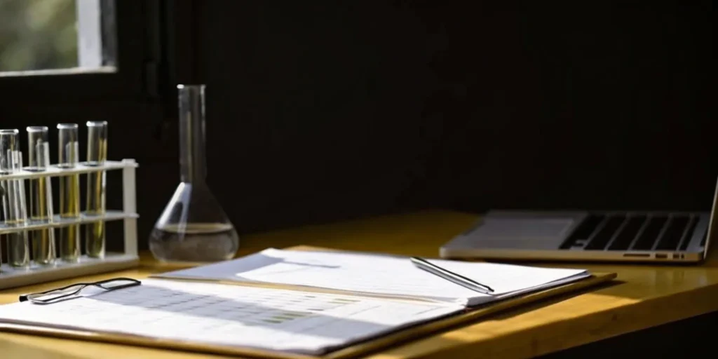 A periodic safety update report (PSUR) on a desk with a laptop and scientific equipment.