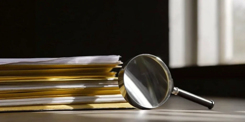 A magnifying glass reviewing documents for a change control process to ensure compliance.