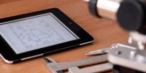 A digital tablet displaying a usability engineering file on a desk with a caliper and microscope.