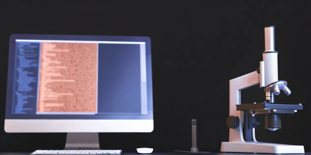 Computer monitor with code for a MedTech IDE application next to a microscope.