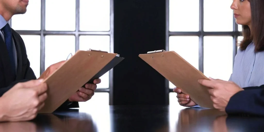 Two professionals review documents in an ISO 9001 lead auditor course.