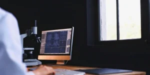 A scientist performs computer system validation (CSV) in a lab, reviewing compliance data on a computer.