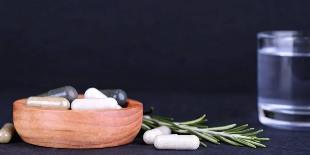 Different types of PMA supplement capsules in a wooden bowl.