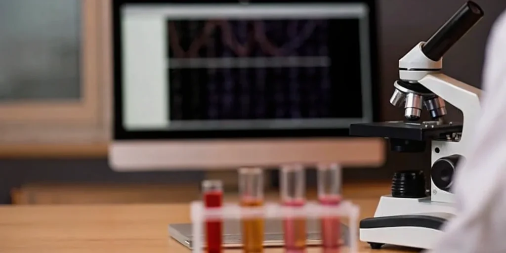 A lab computer analyzing data for pharmacovigilance signal detection.