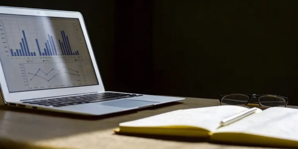 A benefit-risk analysis in progress on a laptop with charts and a notebook.