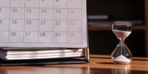 A calendar and hourglass marking the key phases of the PDUFA timeline.