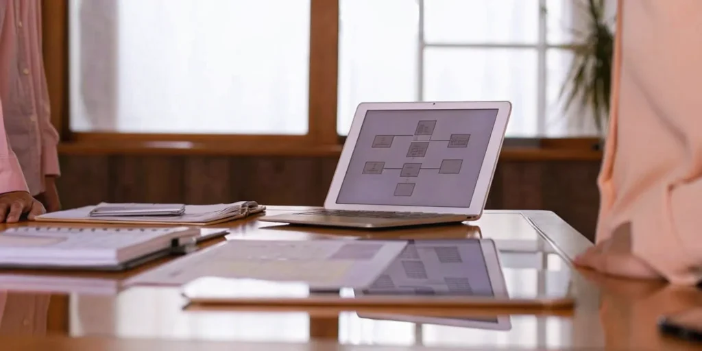 A team plans a QMS implementation using a flowchart on a laptop.