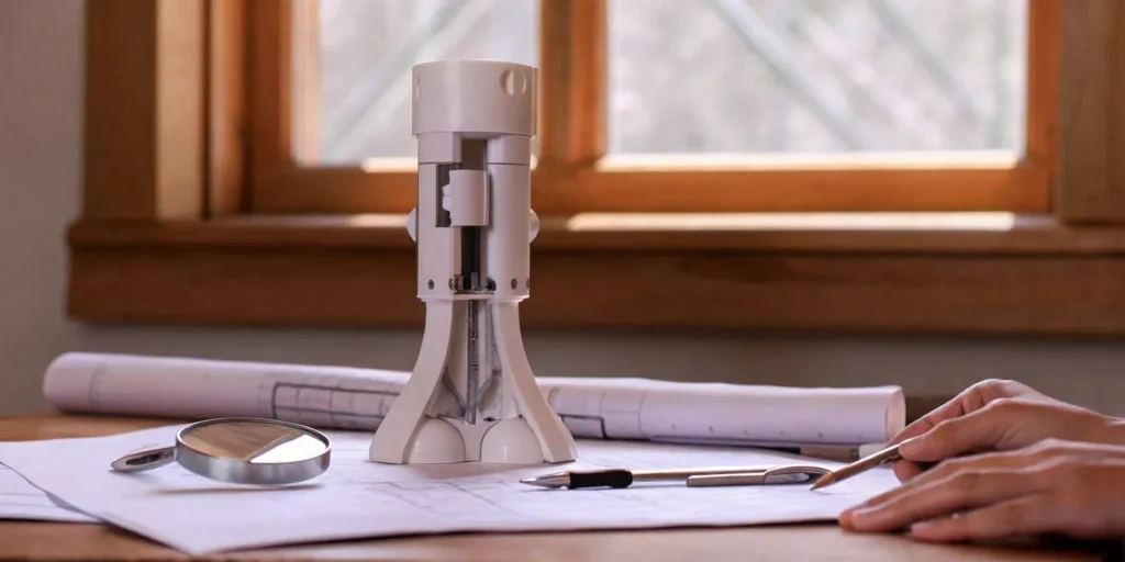 Medical device prototype on technical drawings for the design control process.