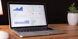Laptop displaying a training records management dashboard with charts and analytics.