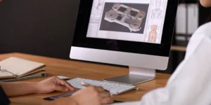 An FDA medical device consultant reviews product designs and regulatory strategy with a client.