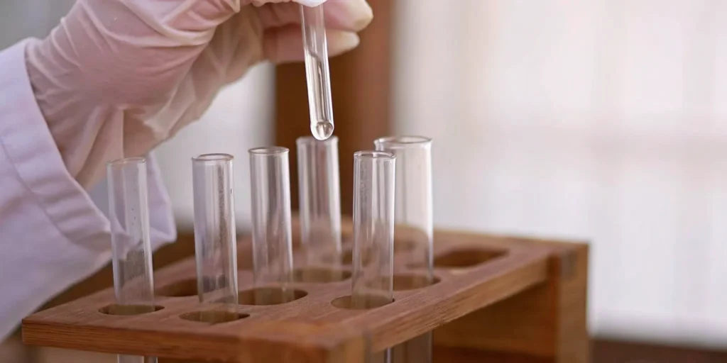 A lab worker applying online GMP training principles with a dropper and test tubes.