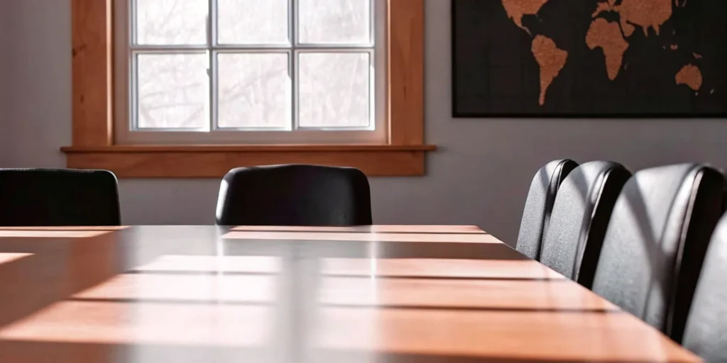 Conference room with a world map for planning a global regulatory strategy.