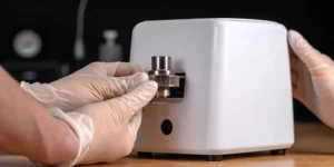 Gloved hands prepare a medical device for the regulatory submissions process.