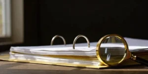 A magnifying glass reviewing an organized binder for quality records management.