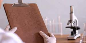 Scientist at a lab bench developing a biological evaluation plan with a clipboard and microscope.