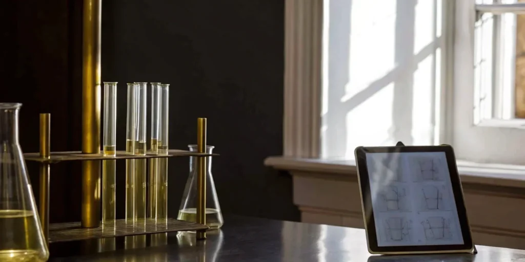 Lab beakers and a tablet outlining a clinical evaluation strategy.