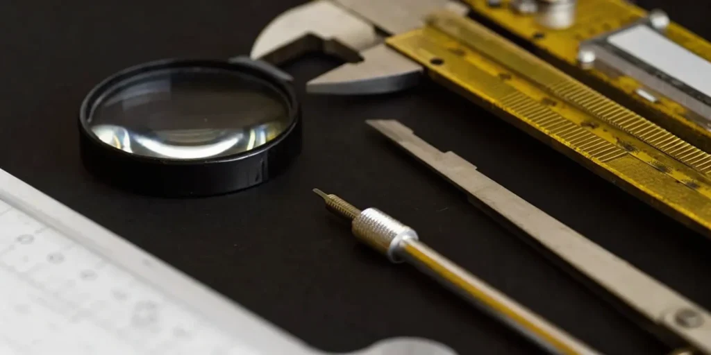 Precision tools including a caliper and magnifying glass for design verification and validation.
