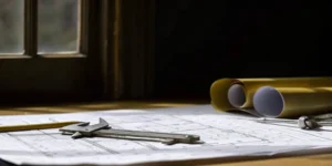 Manufacturing blueprints and a caliper used to document the device history record (DHR) for quality control.