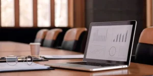 A GxP compliance consultant reviews performance charts on a laptop.