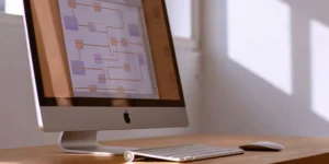 A change management workflow diagram on a computer, focused on quality and compliance.