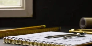 An ISO 14971 risk management plan being drafted in a notebook on a desk.