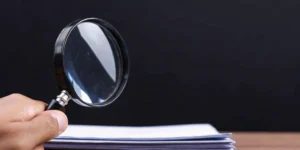A magnifying glass examining documents for an IVDR performance evaluation report.