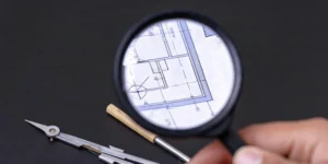 Magnifying glass over a technical blueprint for a root cause analysis and CAPA plan.