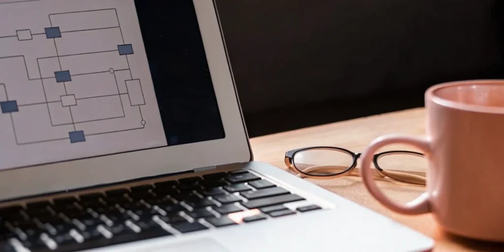 Planning regulatory compliance services with a flowchart on a laptop screen.