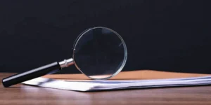 Magnifying glass reviewing documents for an FDA 513(g) request for information.