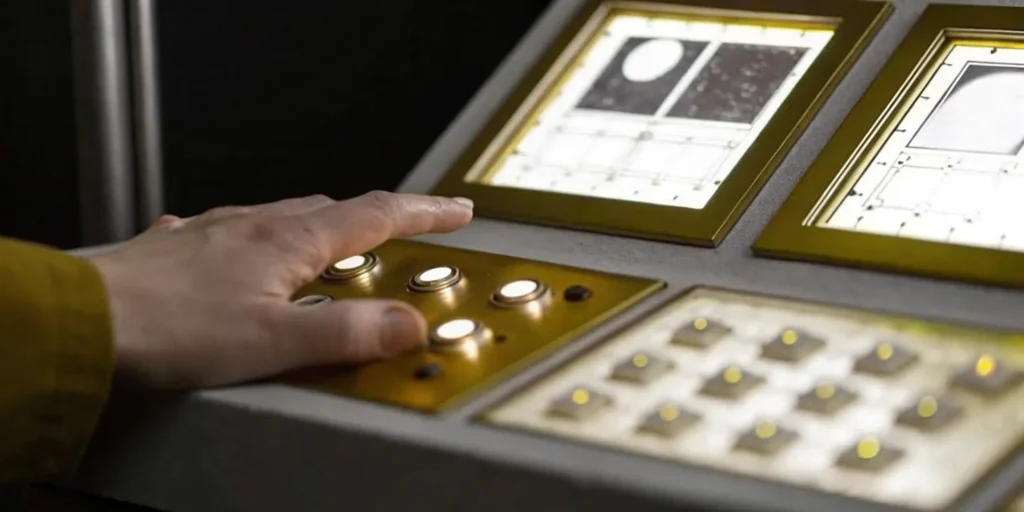 Hand using a control panel for a deviation management system to ensure quality compliance.