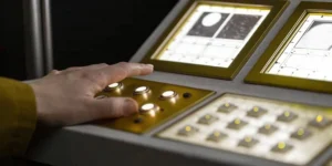 Hand using a control panel for a deviation management system to ensure quality compliance.